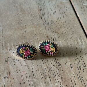 Floral Needle point Embroidered Gold Earrings